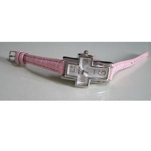 Women’s pink leather band silver finish cross fashion religious watch